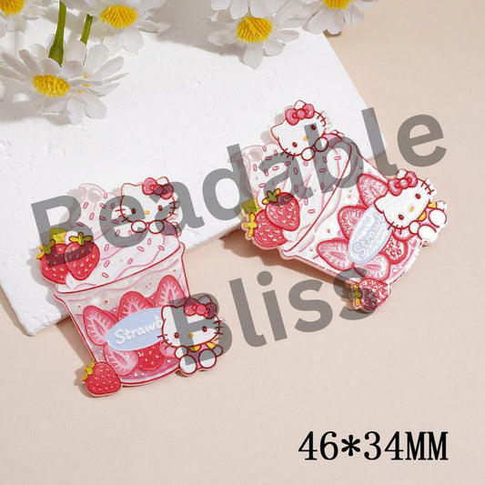 Acrylic Charms Pendants w Cute Cat Character & Strawberry Ice Cream Cup Design, 46*34MM