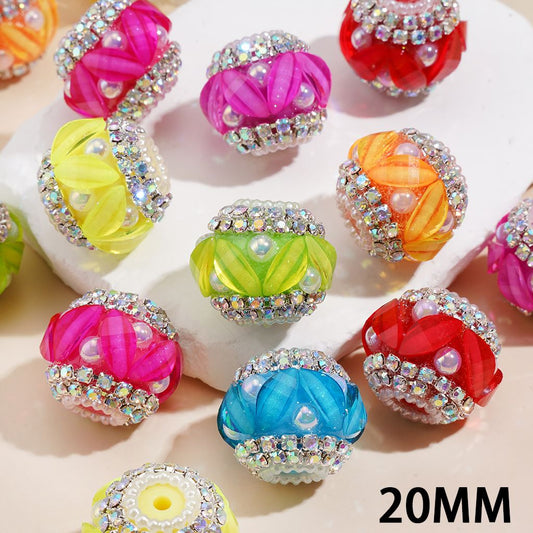 Handmade Acrylic Beads w Leaf Rhinestones & UV Coating Half-Shell Pearls, AB Rhinestone & White Pearl Chains, 20MM, Neon Colors (Slight Color Variance)