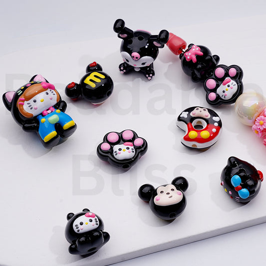 Cute Hand Painted Black Color Series Kurom Hell Kitt Micke Paw Prints Acrylic Beads Mix