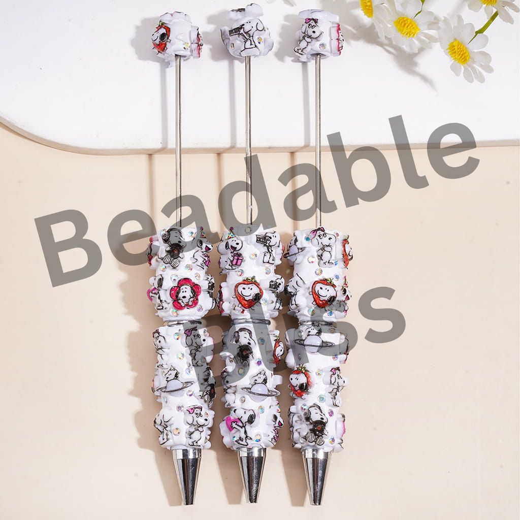 Beadable Clay Pens w Beagle Dog Print, AB Rhinestone Detail, White Base