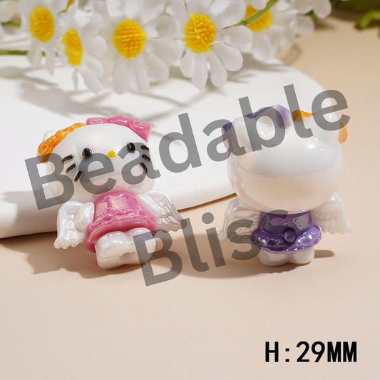 Soft PVC Rubber Beads Cute Cat Character w Angel Wings & Bow Detail, Height 29MM, Random Mix