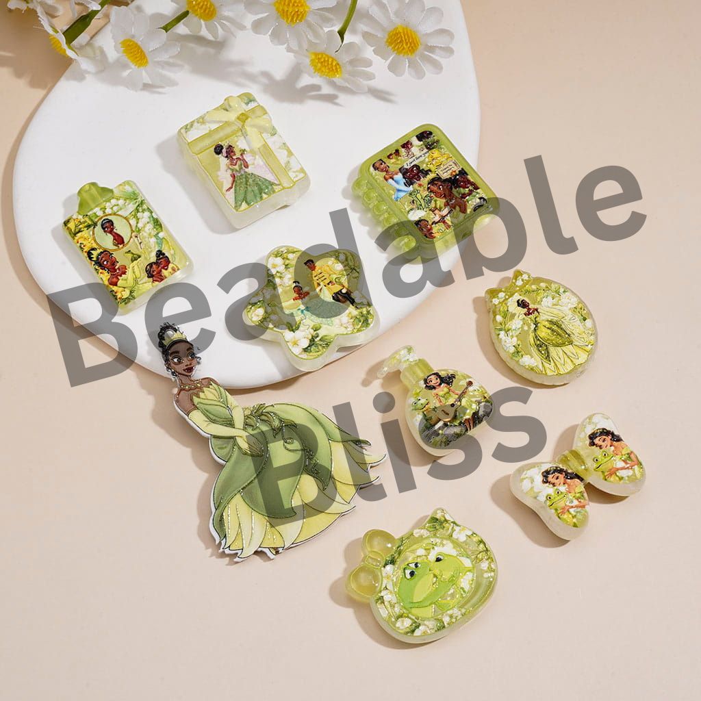 Acrylic Beads Pendant w Classic Animation Beautiful Princess & Frog Theme Print, Random Mix