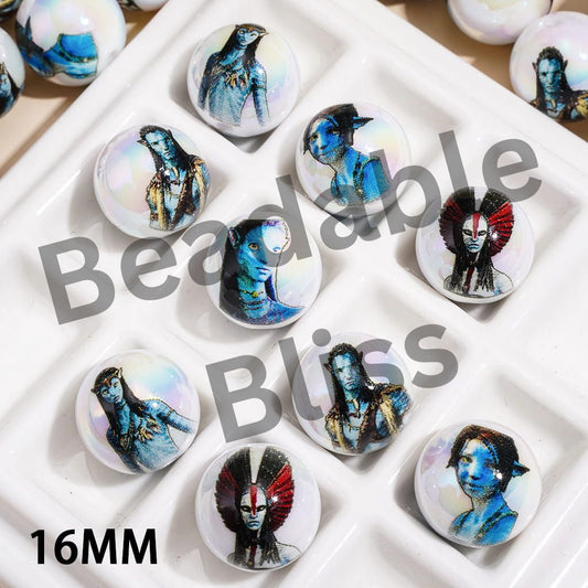 UV Coating Acrylic Beads for Bracelets with Blue Character Print, 16MM, Random Mix