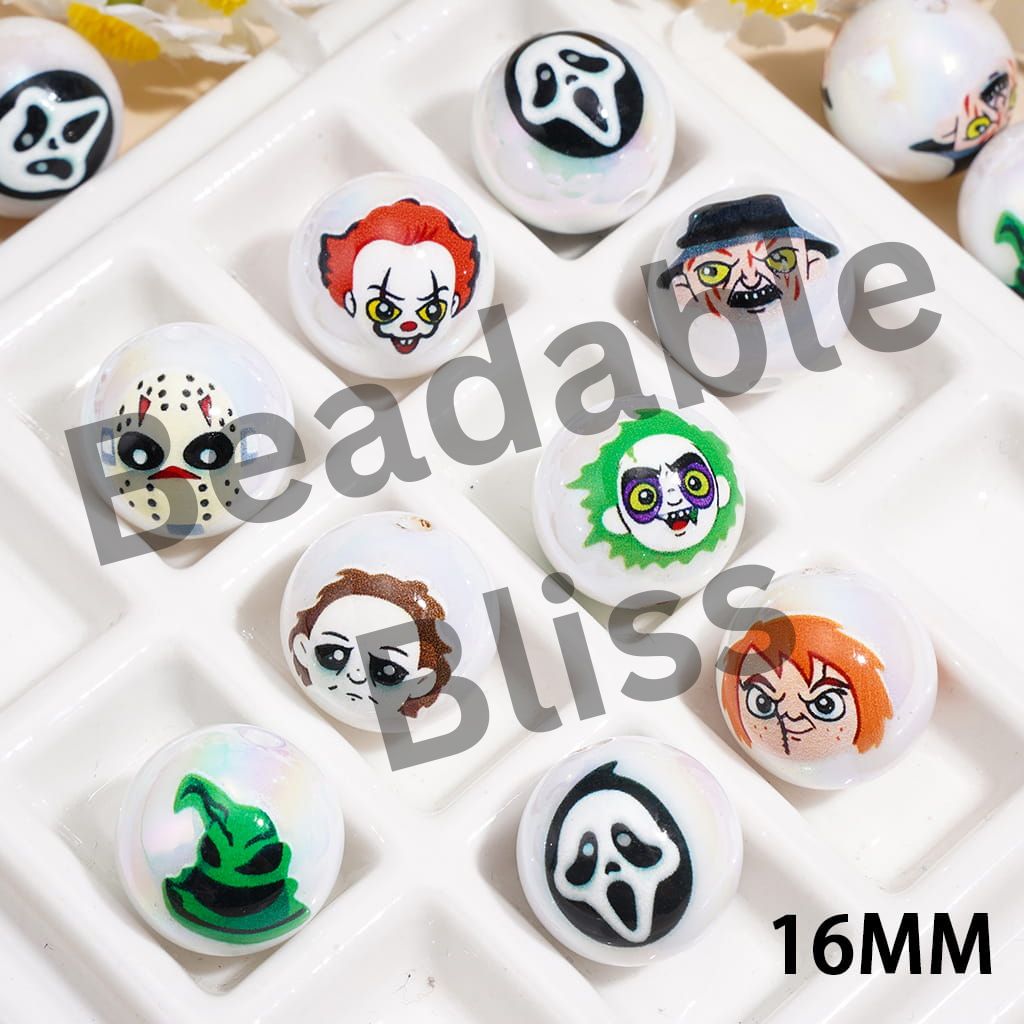 UV Coating Acrylic Beads for Bracelets Horror Movie Character Print on White Background, 16MM, Random Mix