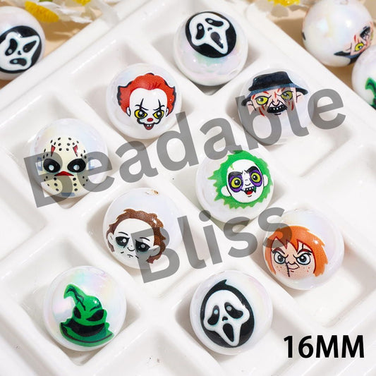 UV Coating Acrylic Beads for Bracelets Horror Movie Character Print on White Background, 16MM, Random Mix