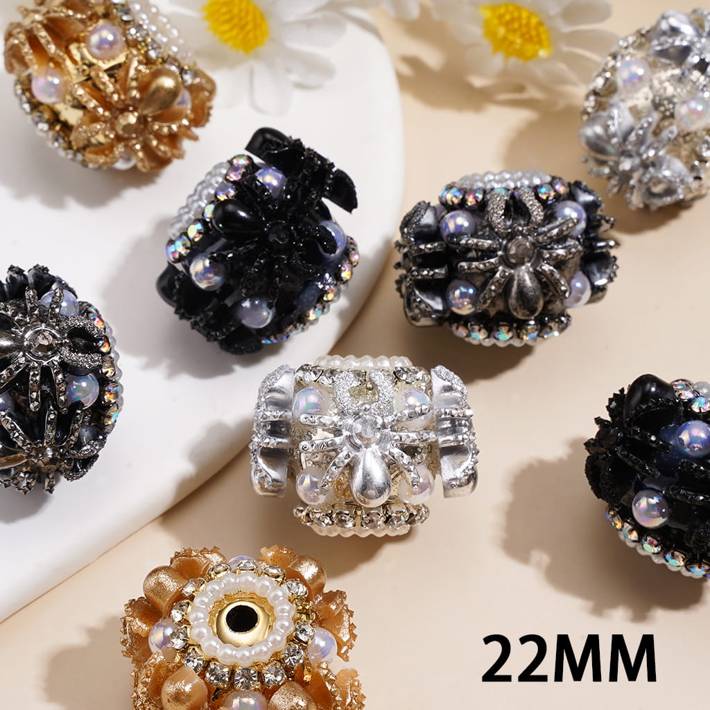 Hand-Made Acrylic Beads with Spider Charm, White Half-Pearls and AB Rhinestone Chain, 22MM