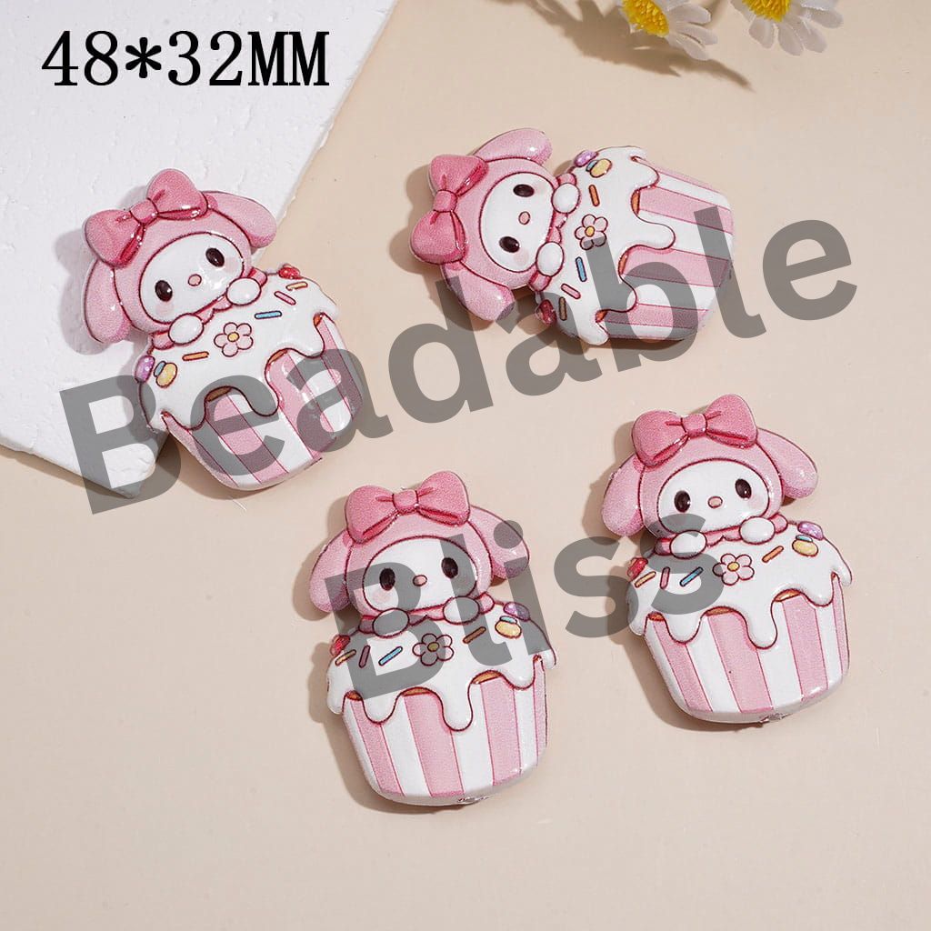 Acrylic Beads with Bunny-Like Girl Character on Cupcake, Raised Textured, 48*32MM