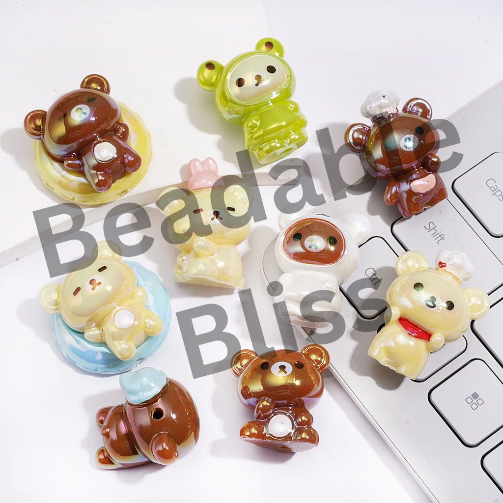 UV Coated Acrylic Beads w Cute Bear Character Series, Random Mix