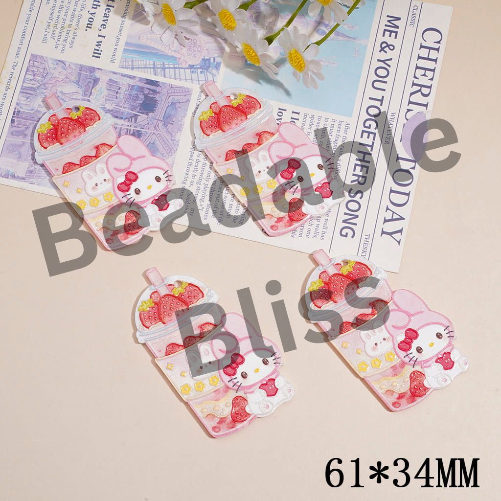 Acrylic Charms Pendants w Cute Cat Character & Strawberry Milk Tea Cup Design, Raised Textured Series, 61*34MM