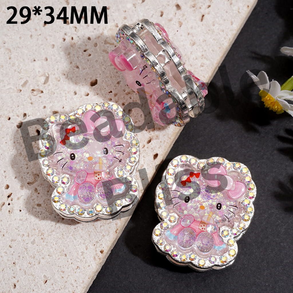 Silver Metal Beads Cute Cat Character w AB Rhinestones & Glitter Sequins, 29*34MM