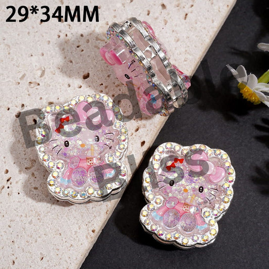 Silver Metal Beads Cute Cat Character w AB Rhinestones & Glitter Sequins, 29*34MM