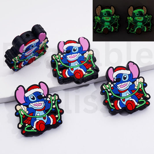 Luminous Cute Stitc with Christmas Hat Holds Christmas Bulbs Disne Silicone Focal Beads
