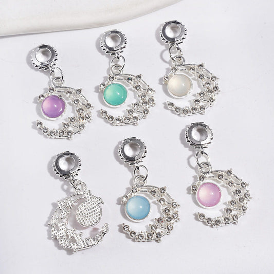 Silver Metal Bail Beads, Charm Pendants Crescent Moon with Cat Eye Style Half-Shell Round  and Clear Rhinestones, Random Mix