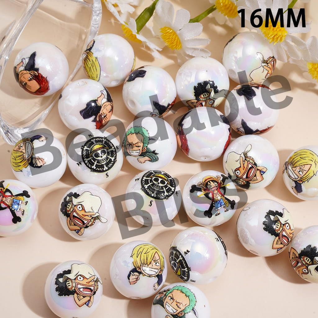 UV Coating Acrylic Beads for Bracelets with Pirate Crew Character Series Print, 16MM, Random Mix