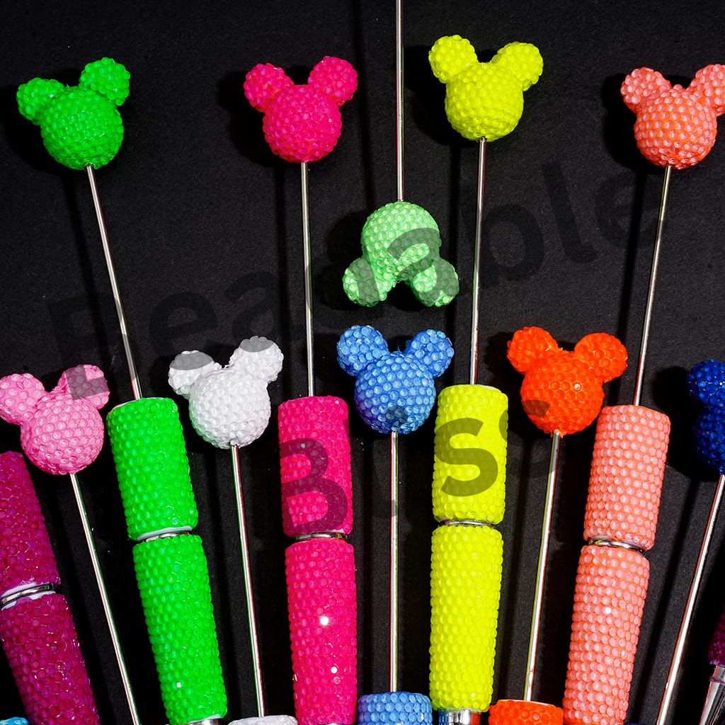 DIY Beadable Clay Pens w Mouse Head Topper, Bling Rhinestones Full Coverage the Entire Pen, Fluorescent Colors (Please Read Description)