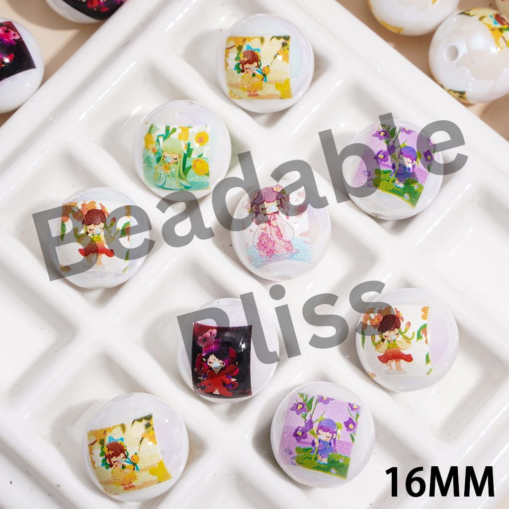 UV-Coated Acrylic Beads for Bracelet with Traditional Style Girl Character Print, 16MM, Random Mix