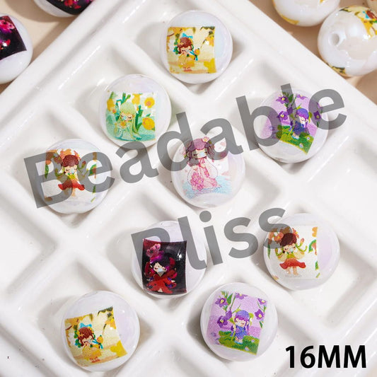 UV-Coated Acrylic Beads for Bracelet with Traditional Style Girl Character Print, 16MM, Random Mix