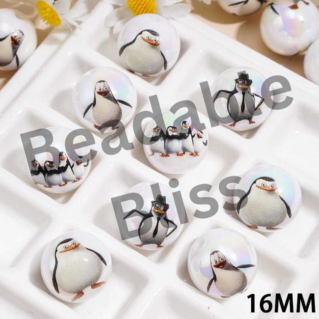 UV Coated Acrylic Beads for Bracelet with Cute Penguin Character Print, 16MM, Random Mix