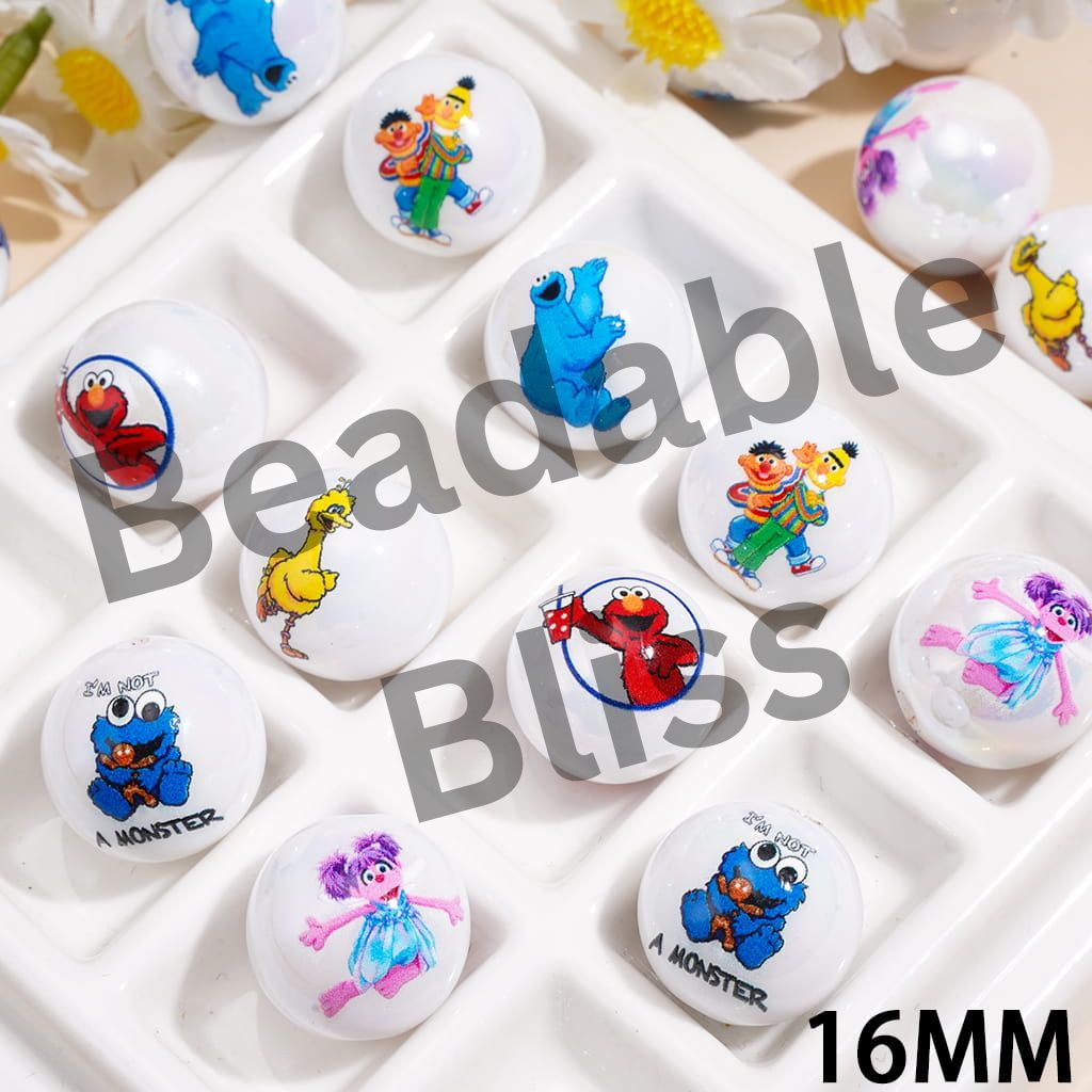 UV Coating Acrylic Beads for Bracelets w Classic Puppet Character Print, 16MM, Random Mix