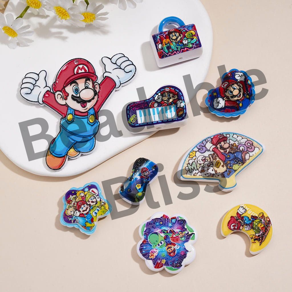 Acrylic Beads Charm Pendant w Game Theme Plumber Character, Random Mix