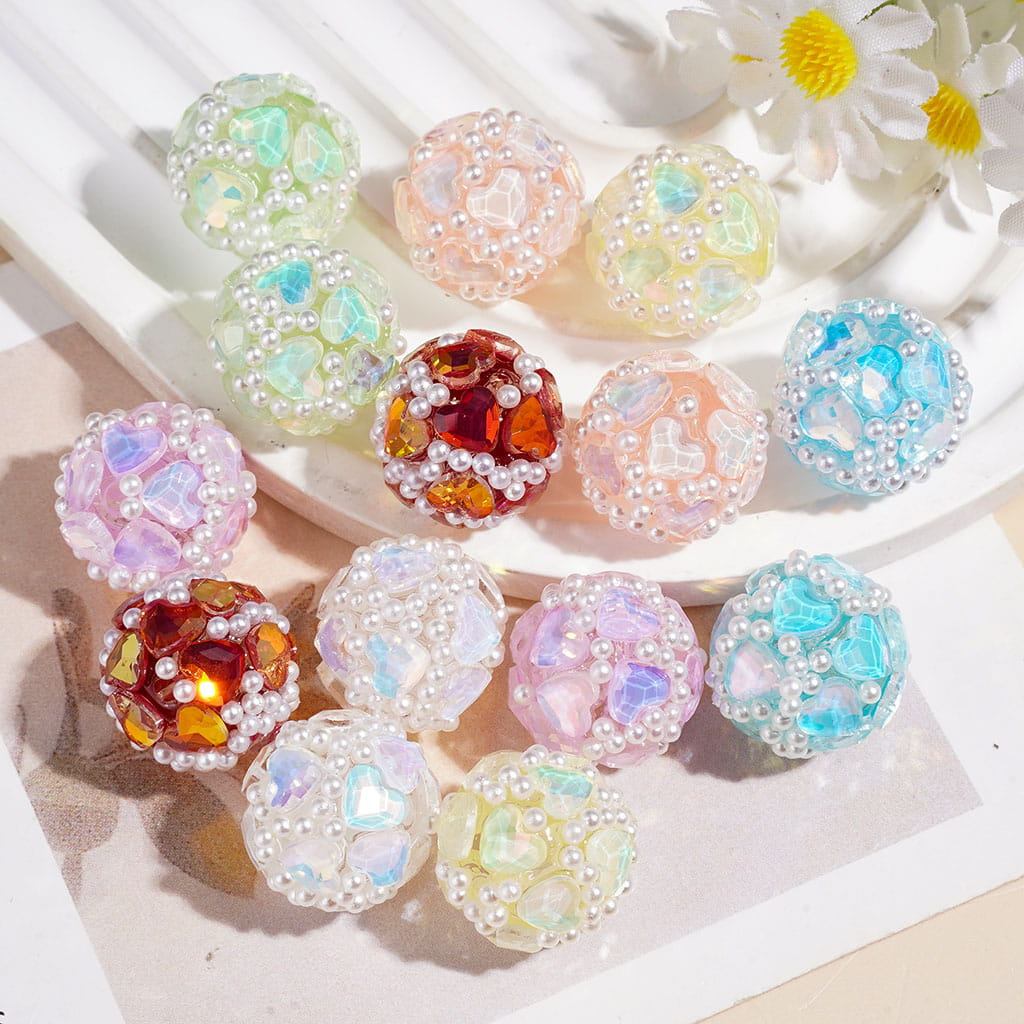 Macaron Color Series Shiny Hearts Rhinestones and White Pearls Handmade Acrylic Beads, 16MM, Random Mix (The Heart Accessory is Glass Material)