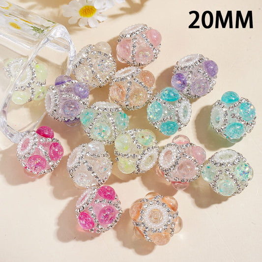 Acrylic Beads  Round Pearls Shiny Flakes Inside Clear Rhinestones Chains White Pearls Loop, 20MM, Random Mix