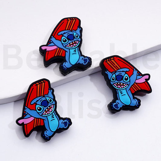 Blue Cute Stitc Holds a Red Surfboard Silicone Focal Beads