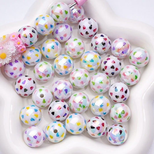 UV Coating Multi-Color Mini Cute Hearts Prints White Round Acrylic Beads, 16MM, Random Mix
