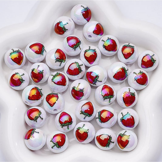 UV Coating Red Strawberries Round Acrylic Beads, 16MM