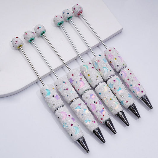 Beadable Clay Pens with Cute Stars Crescent Moon Colorful Shiny Rhinestones Mini White Snow Balls