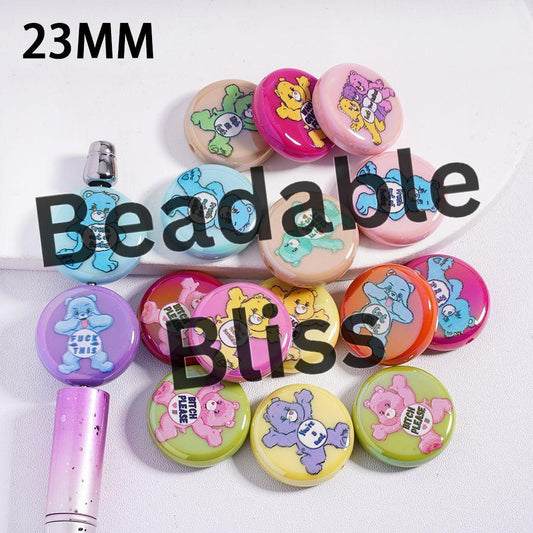 Acrylic Beads UV Coating with Rainbow Bears Series, 23MM, Flat Round Shape, Multi-Color, Random Mix