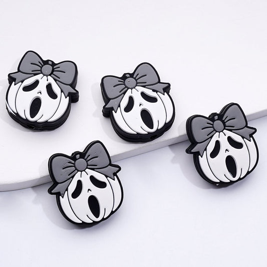 White Pumpkin with Horror Ghost Face Gray Bowknot Halloween Silicone Focal Beads