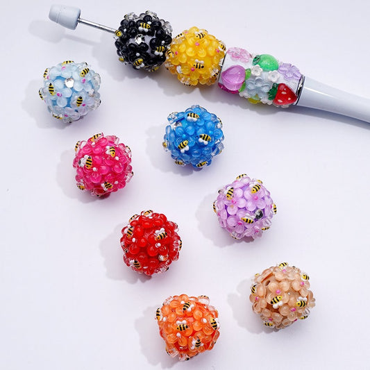 Mini Cute Flowers Bees Clear Rhinestones Round Acrylic Beads in Solid Color, Around 20MM