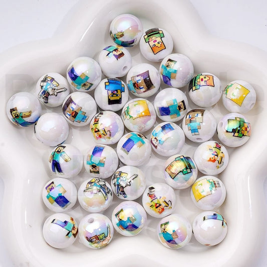 UV Coating Minecraf Characters Series White Round Acrylic Beads, 16MM, Random Mix