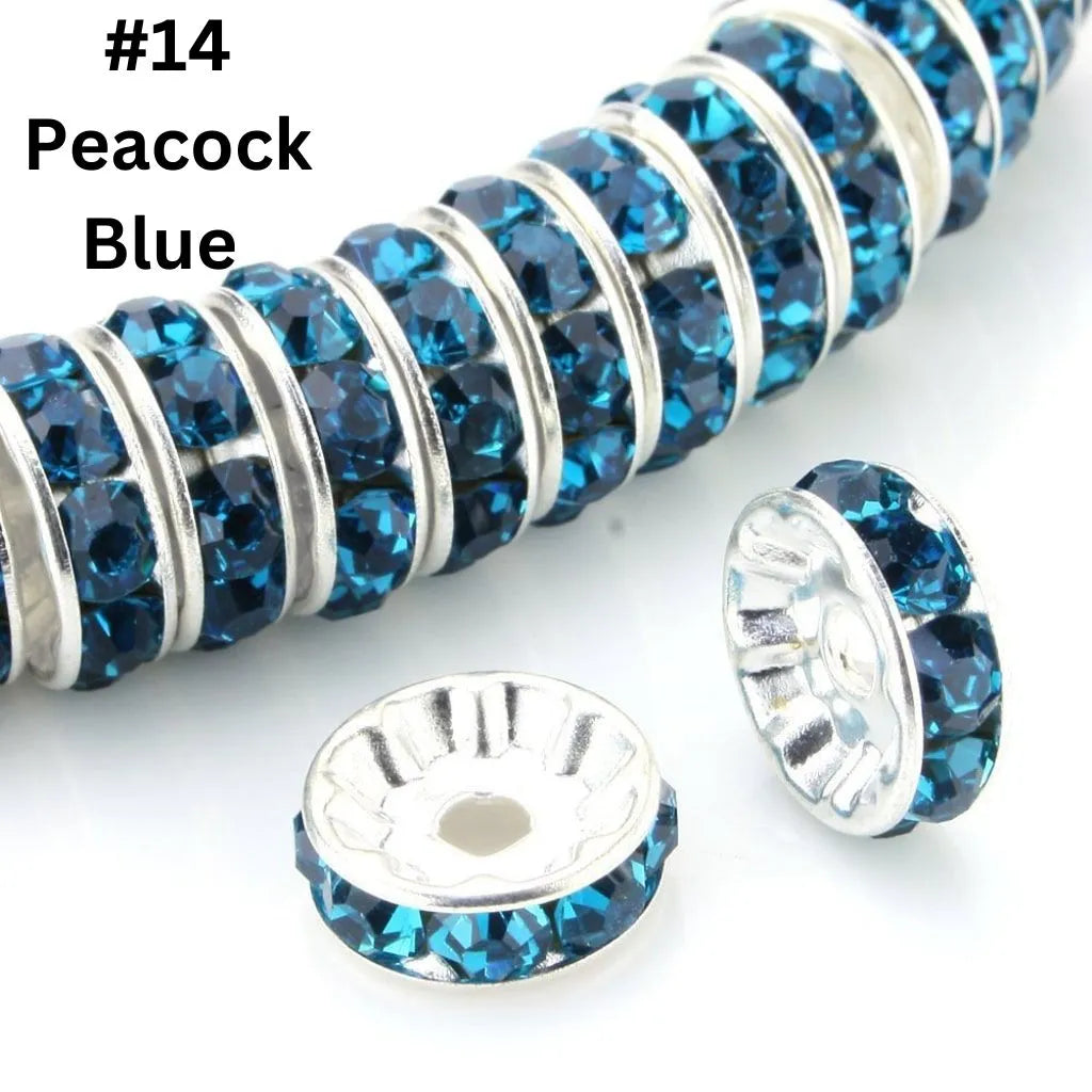 Straight Flat Round Metal Spacers with Rhinestones in Solid Colors, 10mm