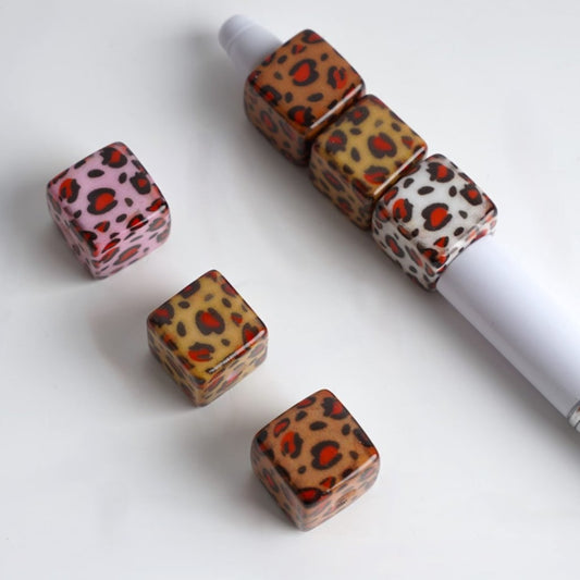 Cute Colorful Jaguar Prints Square Cube Acrylic Beads, Random Mix, Around 15MM