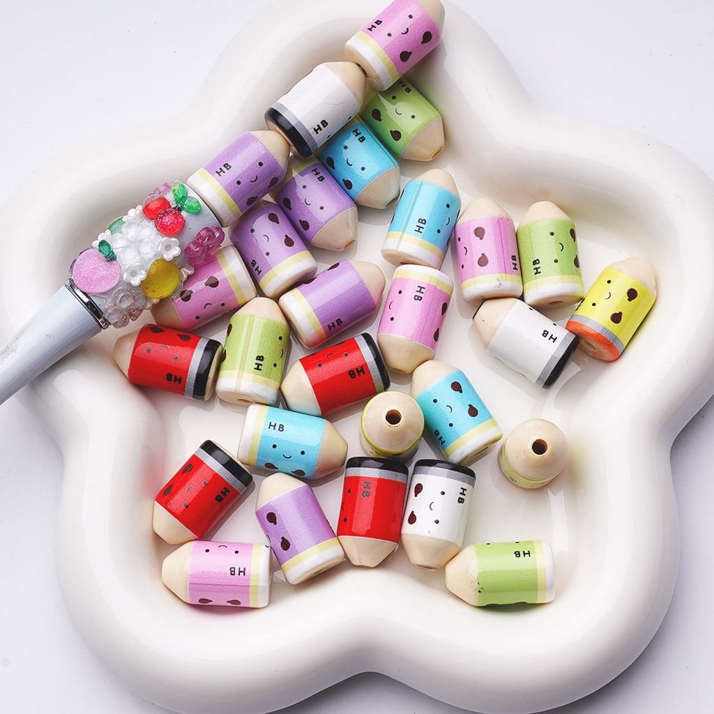 Multi Single Color & Random Mix Color Cute Smile Face HB Pencil Acrylic Beads, Around 12*21MM