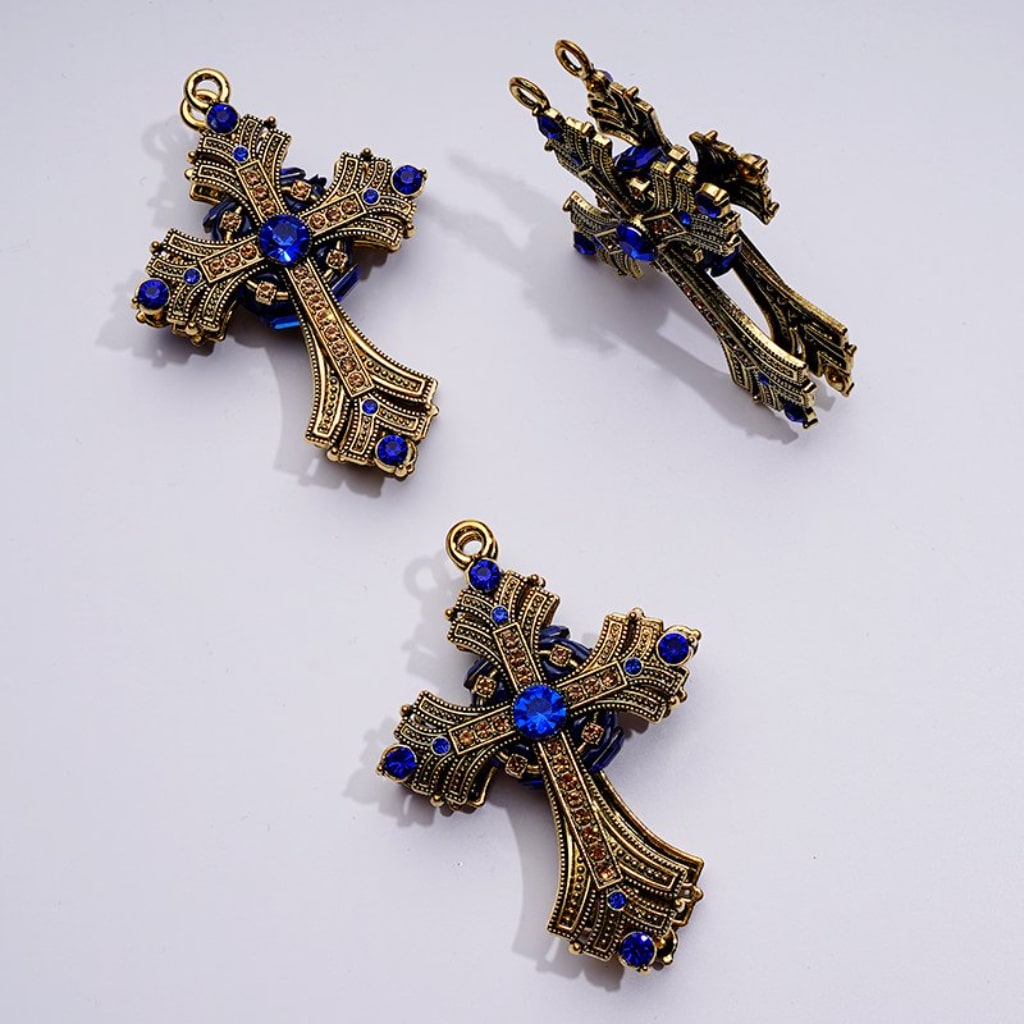 Large Delicate Fancy Dark Gold Alloy Cross with Small Ring Shiny Rhinestones Clay Beads, Around 74*52MM