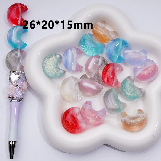 Cute Translucent Glitter Cat Eye Style Crescent Moon Acrylic Beads, Around 26*20*15MM, Random Mix