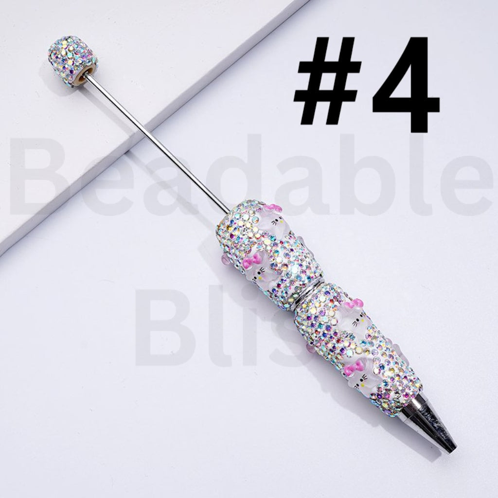Beadable Clay Pens with Cute HK Kitten with Bows Mini AB Rhinestones Covered the Entire Pen