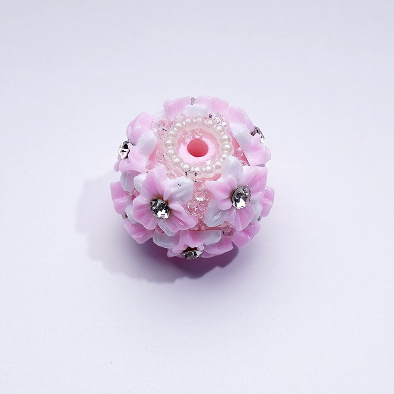 Multi-Color Cute Flowers Clear Rhinestone Inside White Pearls Ring Clear Sugars Round Clay Beads, 20MM