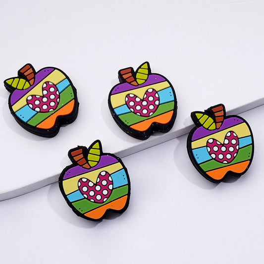 Rainbow Color Apple Pink Heart Inside with White Spots Silicone Focal Beads