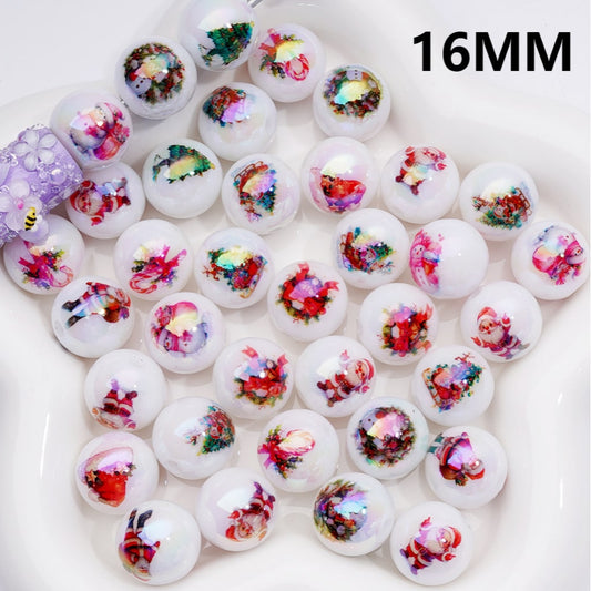 UV Coating  Christams Series Father Christmas Tree Snowman Cany Cane Wreath Round Acrylic Beads, 16MM, Random Mix