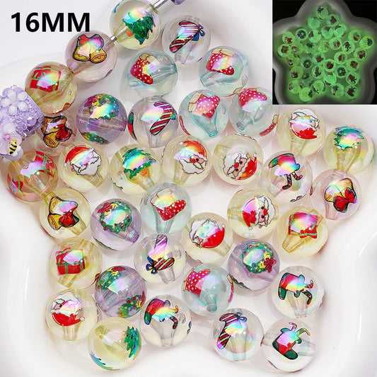 Luminous UV Coating Translucent  Christmas Series Father Christmas Bell Gift Candy Cane Socks Tree Acrylic Beads, 16MM, Random Mix