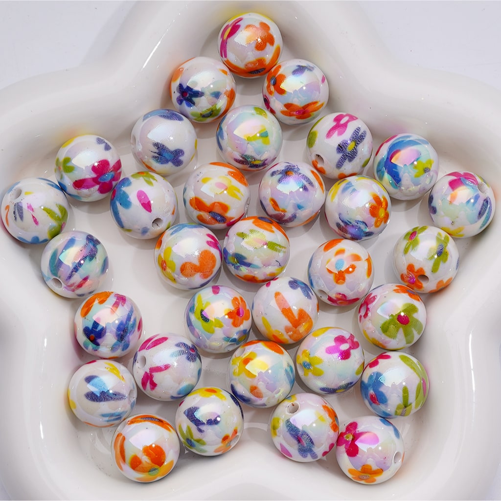 UV Coating Multi-Color Different Flowers Round Acrylic Beads, 16MM (Single Color is available for 200pcs(Whole bag))