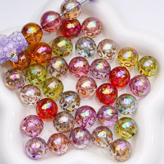 UV Coating Translucent  Gold Lepoard Prints Round Acrylic Beads,16MM, Random Mix