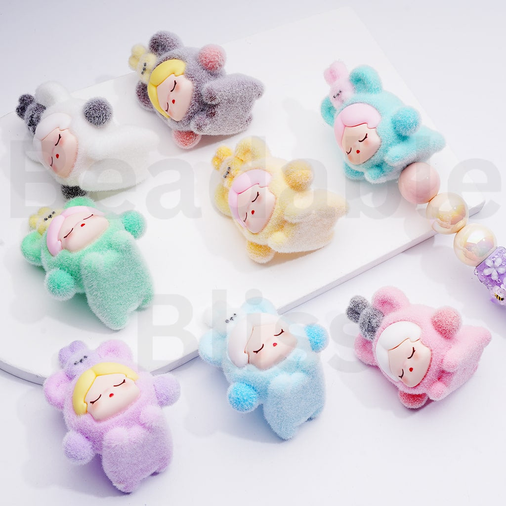 Cute Flocked Kik with Bear Costume Pendant Pen Topper Acrylic Beads Jewelry Accessories, 40*46MM