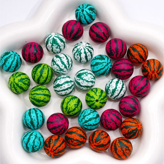 Multi-Color Watermelon Stripes Round Printed Silicone Beads 15MM, Number Z-00281