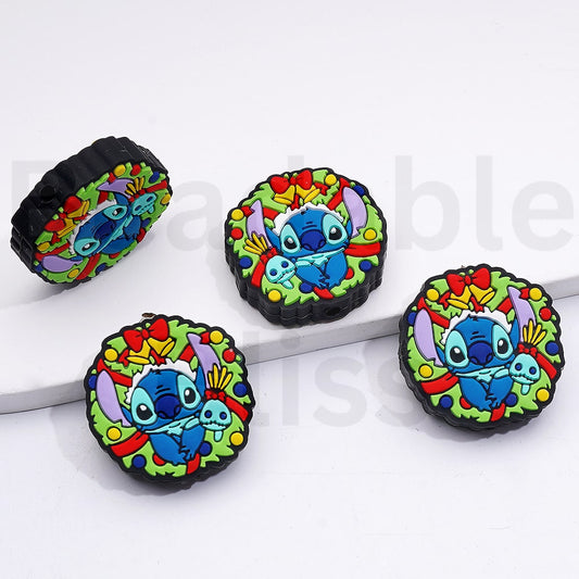 Round Silicone Focal Beads Cute Stitc with Christmas Wreath Bells