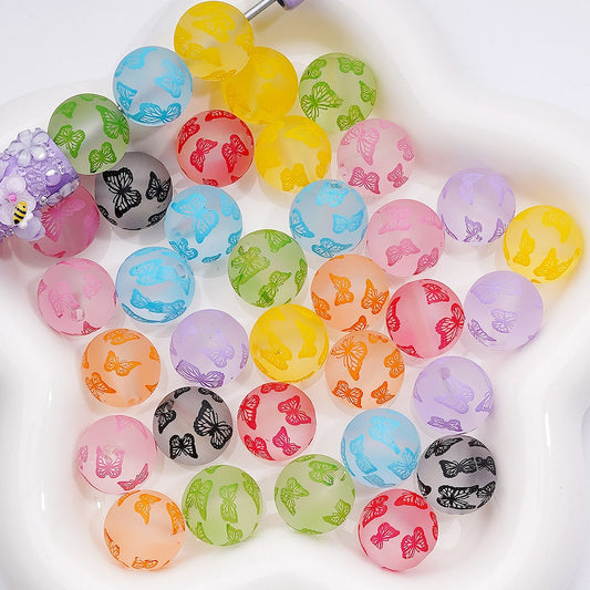 Frosted Multi-Color Cute Butterfly Prints Round Acrylic Beads, 16MM (Single Color is available for 200pcs(Whole Bag))